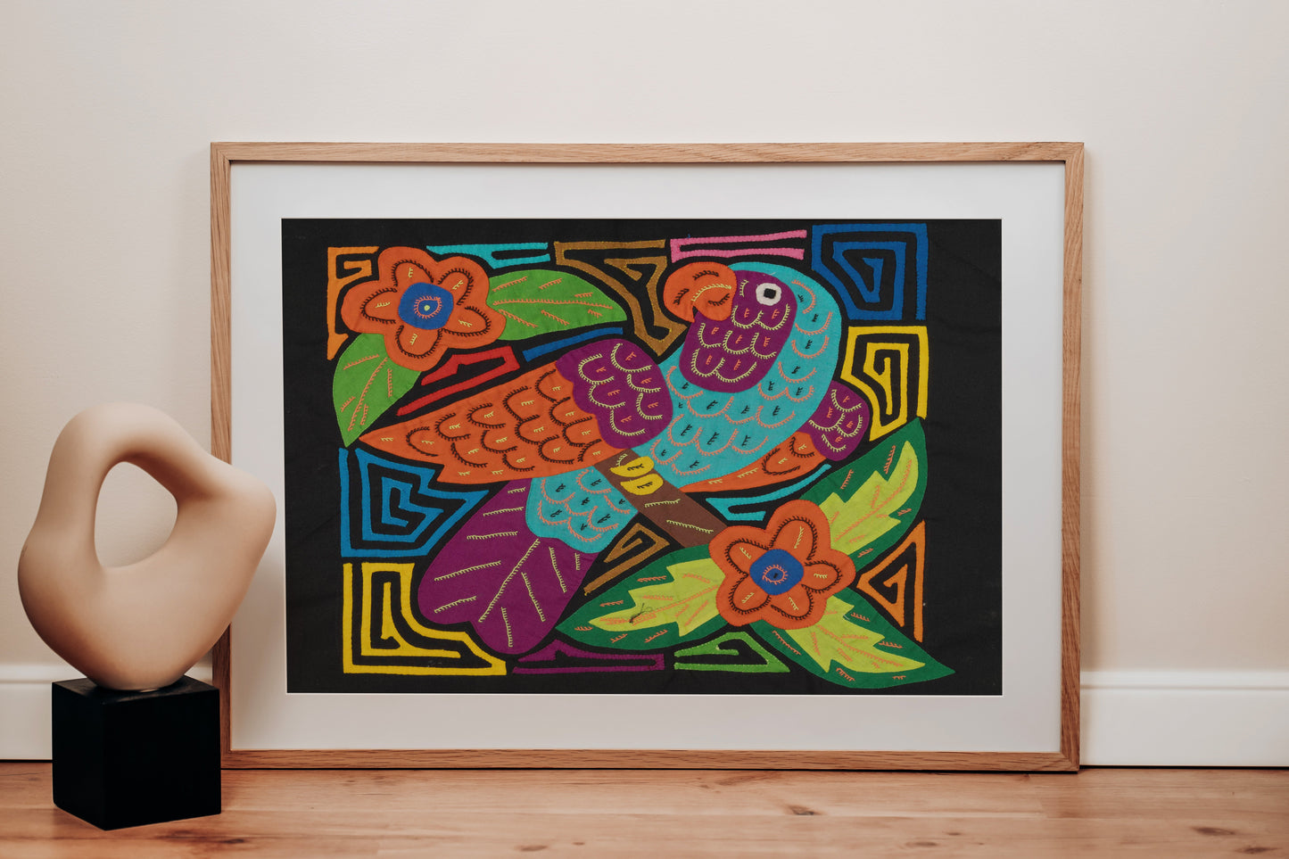 Orange Blue and Purple Parrot Mola Tapestry Wall Hanging