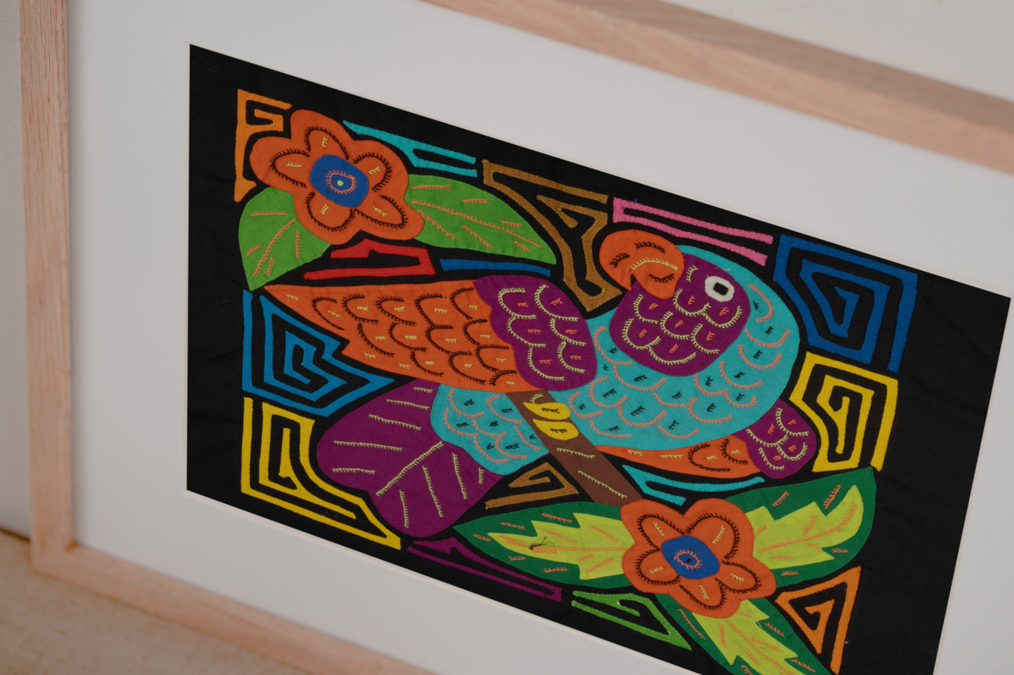 Orange Blue and Purple Parrot Mola Tapestry Wall Hanging