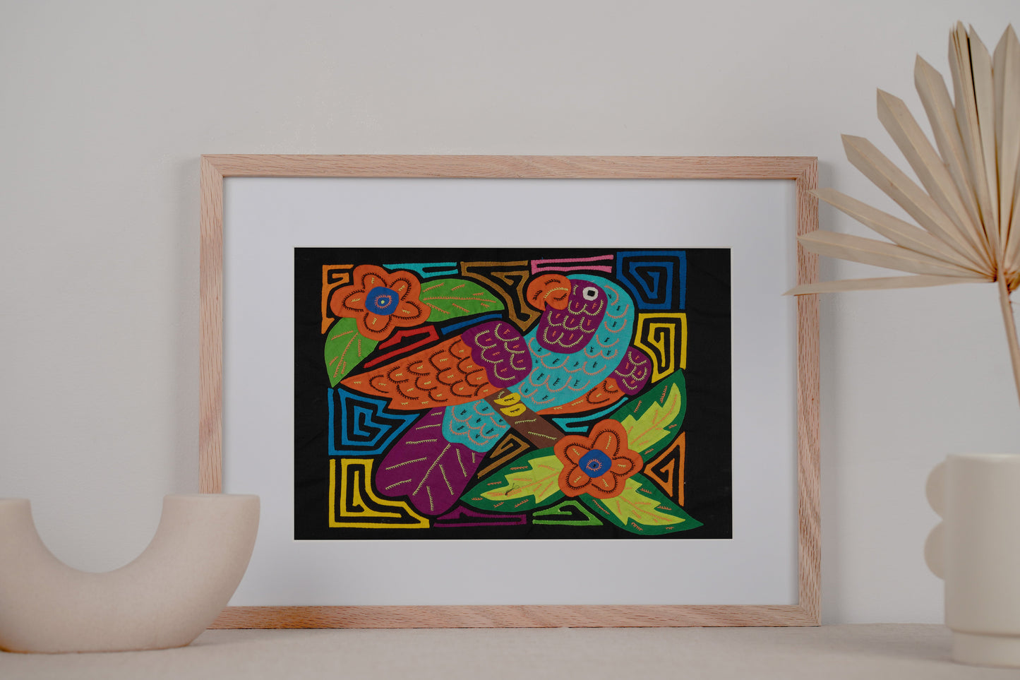 Orange Blue and Purple Parrot Mola Tapestry Wall Hanging