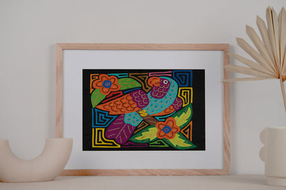 Orange Blue and Purple Parrot Mola Tapestry Wall Hanging