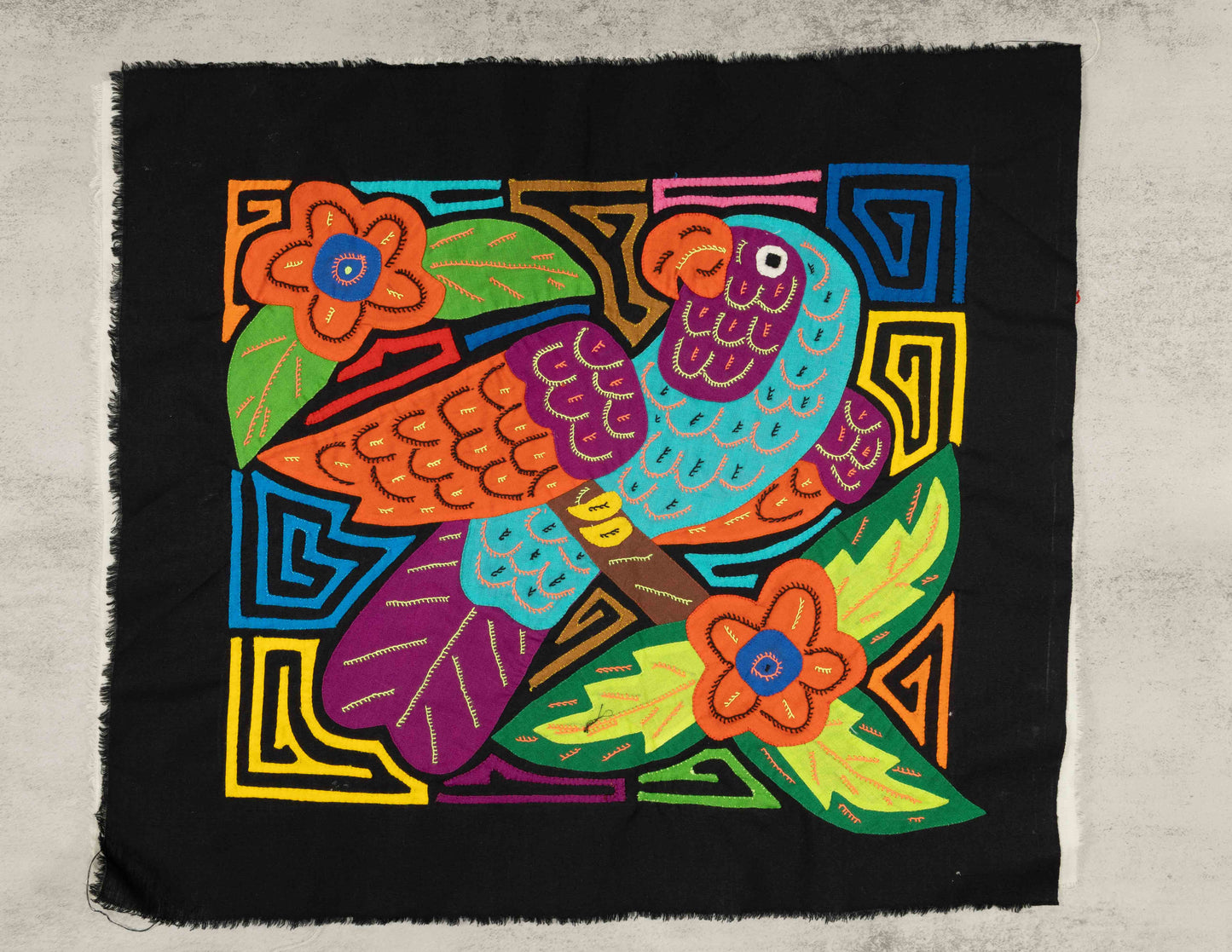 Orange Blue and Purple Parrot Mola Tapestry Wall Hanging