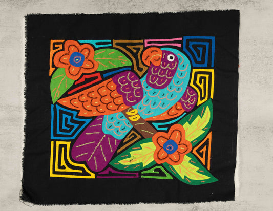 Orange Blue and Purple Parrot Mola Tapestry Wall Hanging