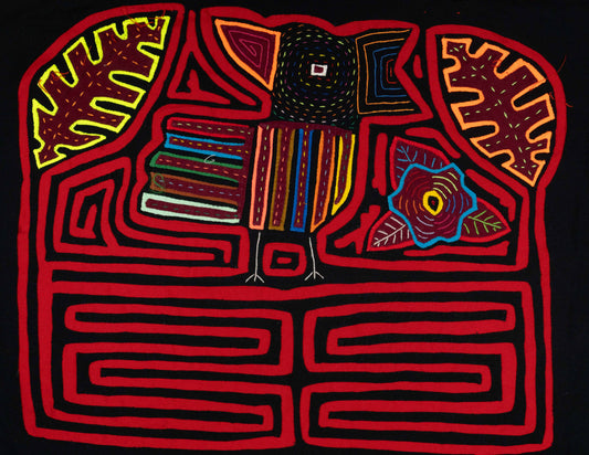 Hand-stitched Panama mola tapestry of a red and black songbird, colorful folk-art fabric wall hanging