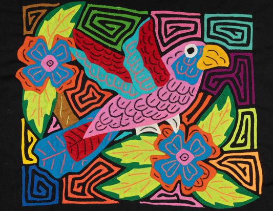 Hand-stitched Panama mola tapestry of a pink, blue and red parrot, colorful folk-art fabric wall hanging