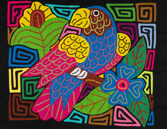 Hand-stitched Panama mola tapestry of a red and blue macaw parrot, colorful folk-art fabric wall hanging