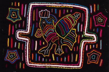 Hand-stitched Panama mola tapestry of a black rooster on rainbow colors, colorful folk-art fabric wall hanging