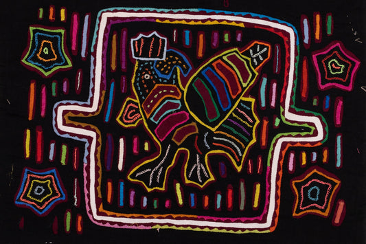 Hand-stitched Panama mola tapestry of a black rooster on rainbow colors, colorful folk-art fabric wall hanging