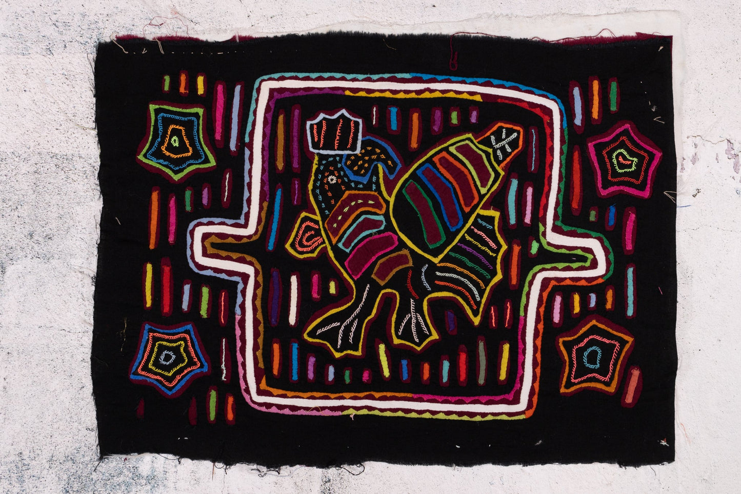 Black Rainbow Rooster Mola Tapestry Folk Art Wall Hanging