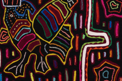 Black Rainbow Rooster Mola Tapestry Folk Art Wall Hanging