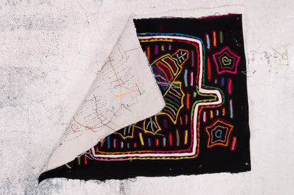 Black Rainbow Rooster Mola Tapestry Folk Art Wall Hanging