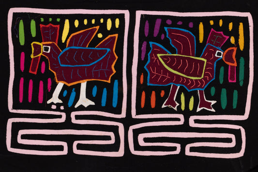 Hand-stitched Panama mola tapestry of a rooster in a box border, colorful folk-art fabric wall hanging