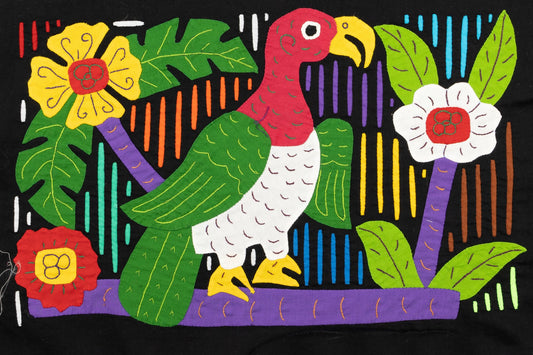 Hand-stitched Panama mola tapestry of a redhead bird catching its meal, colorful folk-art fabric wall hanging