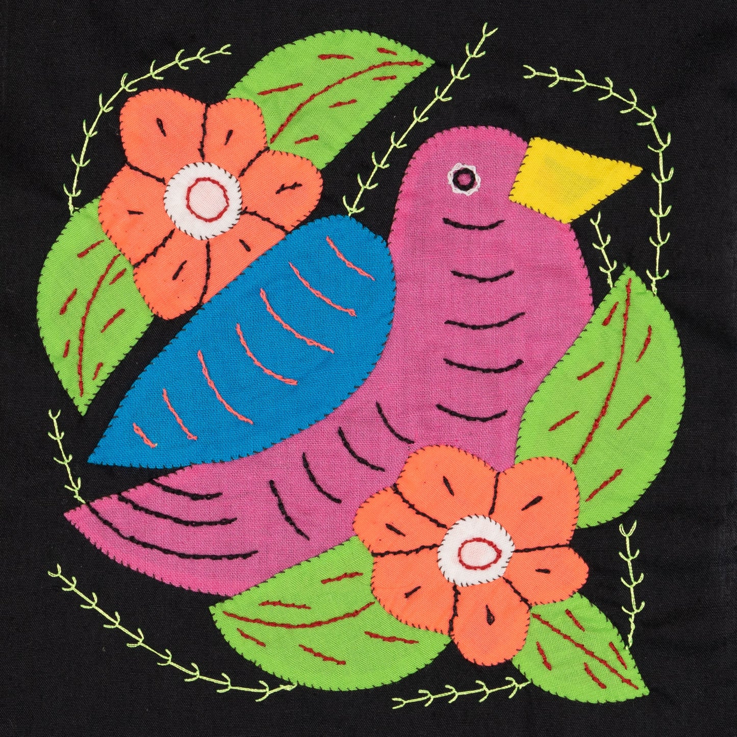 Hand-stitched Panama mola tapestry of a pink and blue seedeater bird, colorful folk-art fabric wall hanging