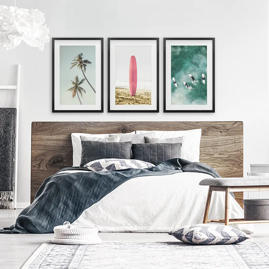 Pink Surfboard Wall Art Set of 3. Pastel Beach, Palms