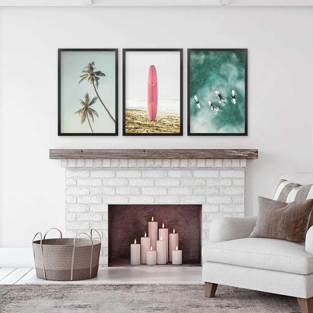 Pink Surfboard Wall Art Set of 3. Pastel Beach, Palms