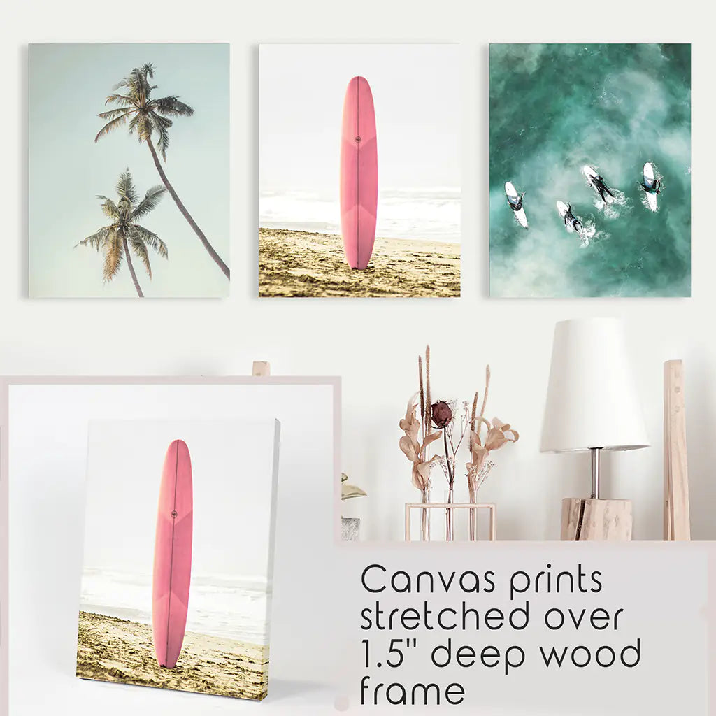 Pink Surfboard Wall Art Set of 3. Pastel Beach, Palms