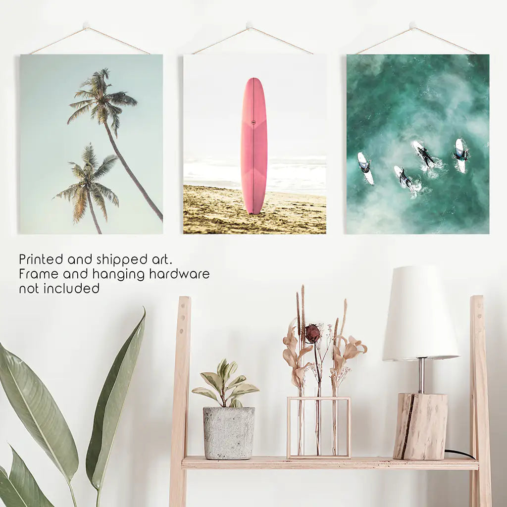 Pink Surfboard Wall Art Set of 3. Pastel Beach, Palms