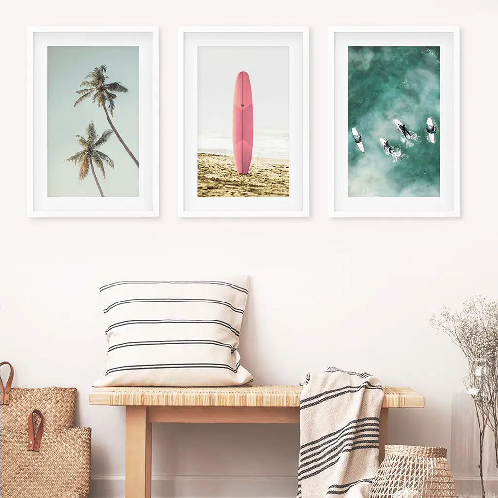 Pink Surfboard Wall Art Set of 3. Pastel Beach, Palms