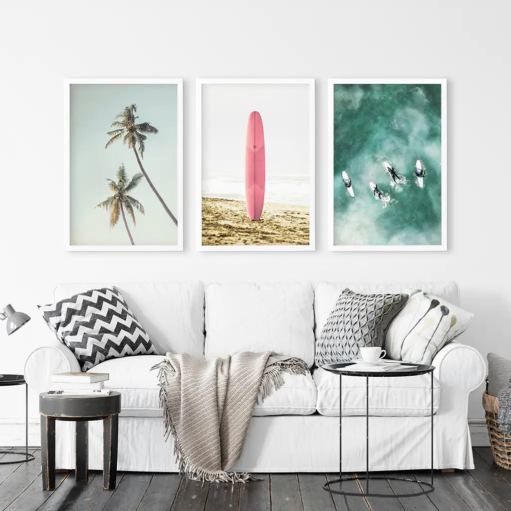 Pink Surfboard Wall Art Set of 3. Pastel Beach, Palms