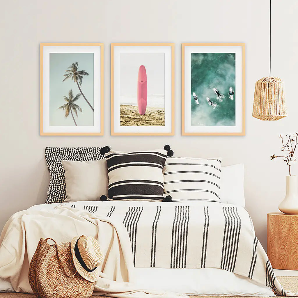 Pink Surfboard Wall Art Set of 3. Pastel Beach, Palms