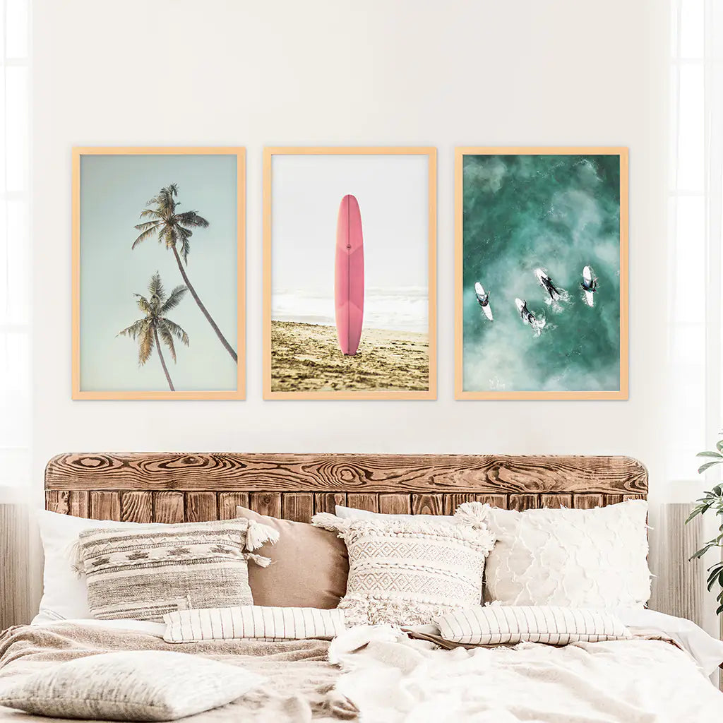 Pink Surfboard Wall Art Set of 3. Pastel Beach, Palms
