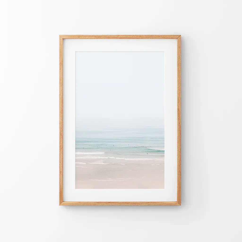 Pastel pink beach with blue ocean waves, modern coastal wall art print