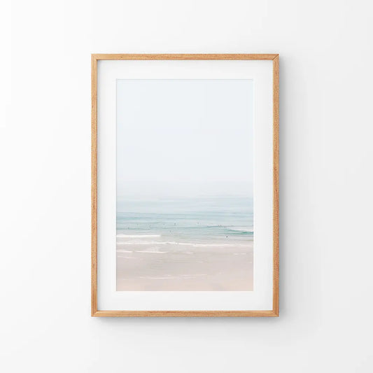 Pastel pink beach with blue ocean waves, modern coastal wall art print