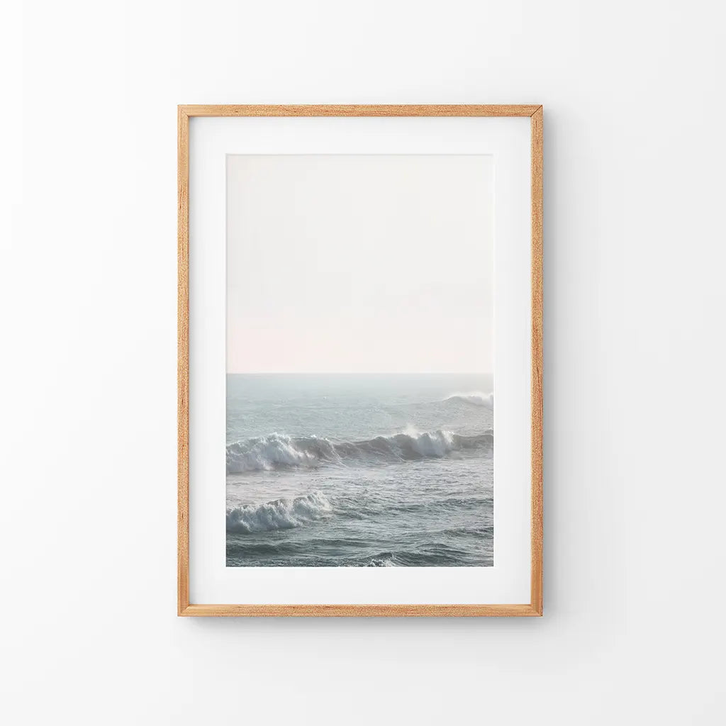 Pink sunset ocean waves wall art print in soft coastal tones