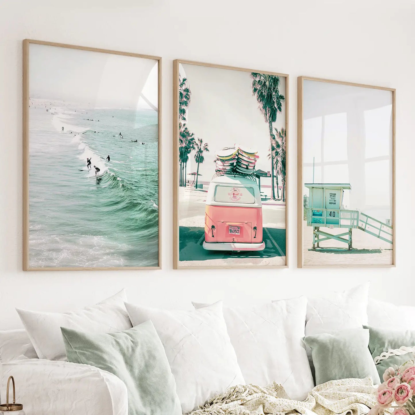 Set of 3 California coastal prints with a pink van, surfers, and lifeguard tower