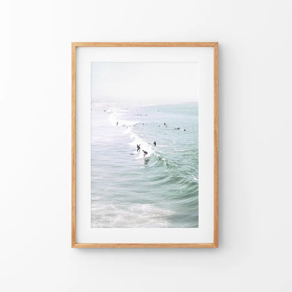Pastel California beach print with surfers and ocean waves