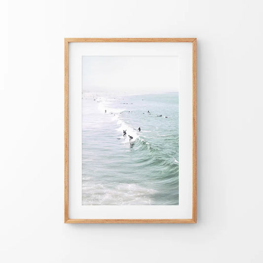 Pastel California beach print with surfers and ocean waves