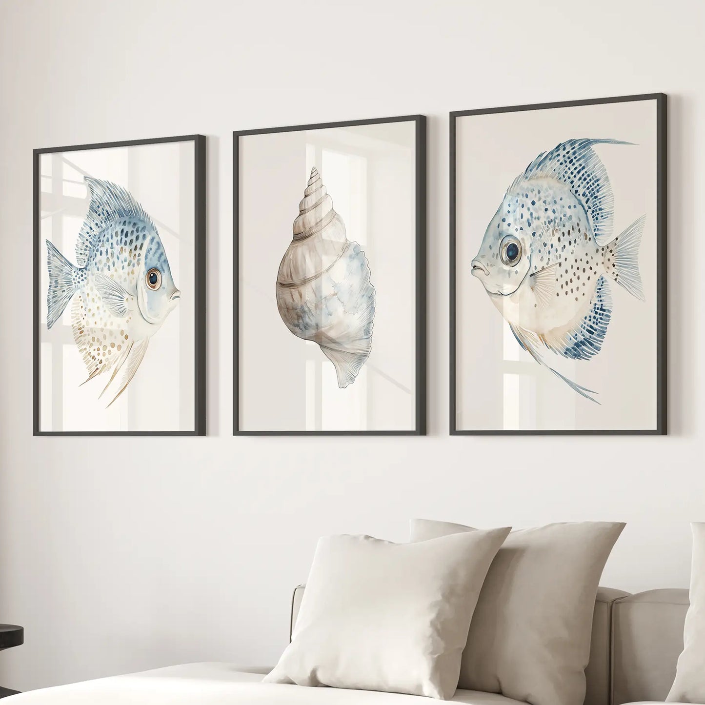 Trendy Nautical Seashell and Fish Wall Art Set of 3