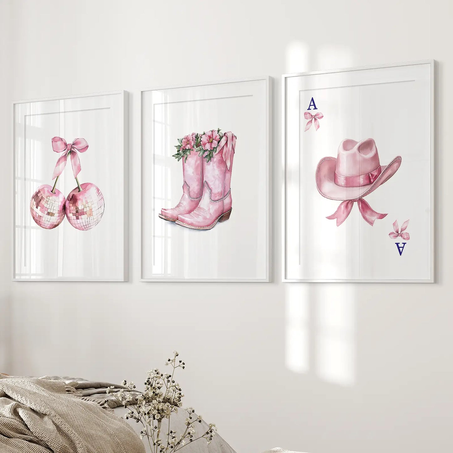 Cowgirl Hat and Boots Pink Wall Art Set of 3