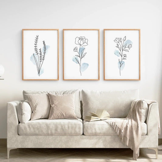 Pastel Blue Botanical Line Art Set of 3, Floral Prints