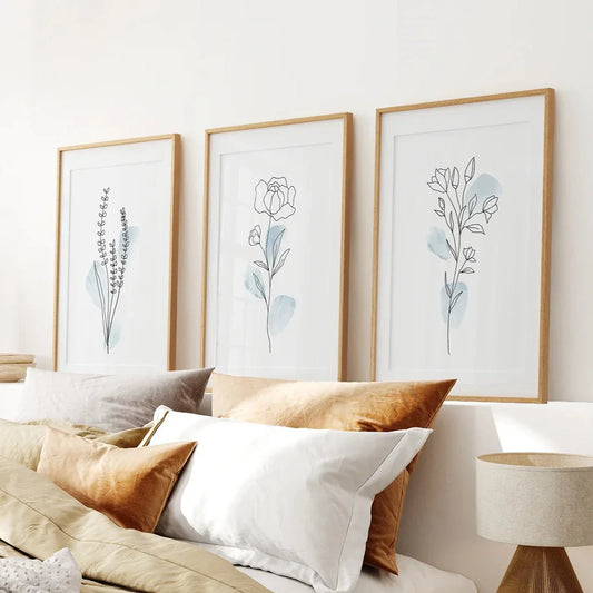 Pastel blue botanical line art wall art set of 3 floral prints
