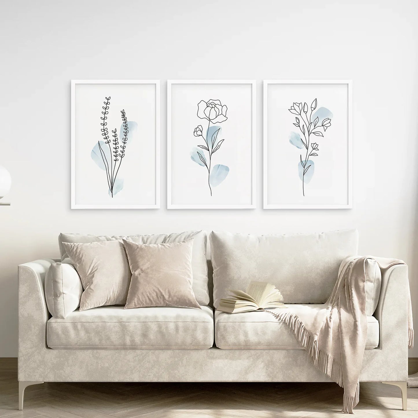 Pastel Blue Botanical Line Art Set of 3, Floral Prints