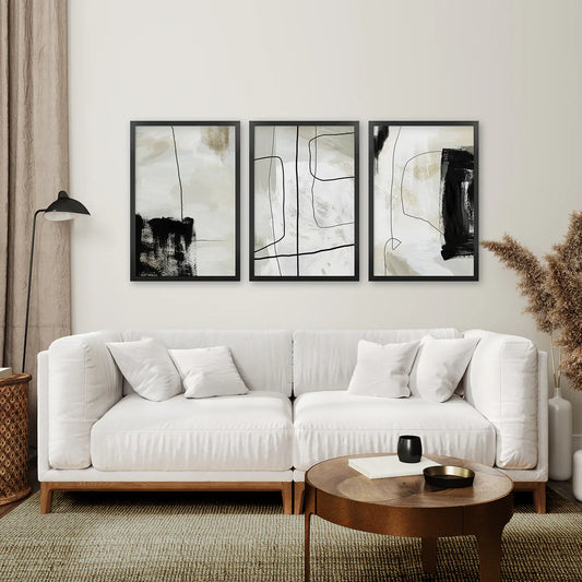Nordic Abstract Wall Art Set of 3, Black and Beige Brush Strokes