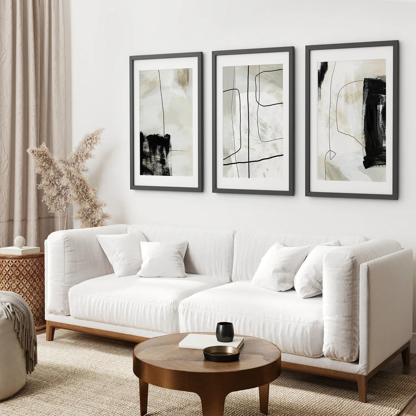 Nordic Abstract Wall Art Set of 3, Black and Beige Brush Strokes