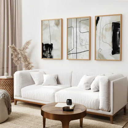 Nordic Abstract Wall Art Set of 3, Black and Beige Brush Strokes