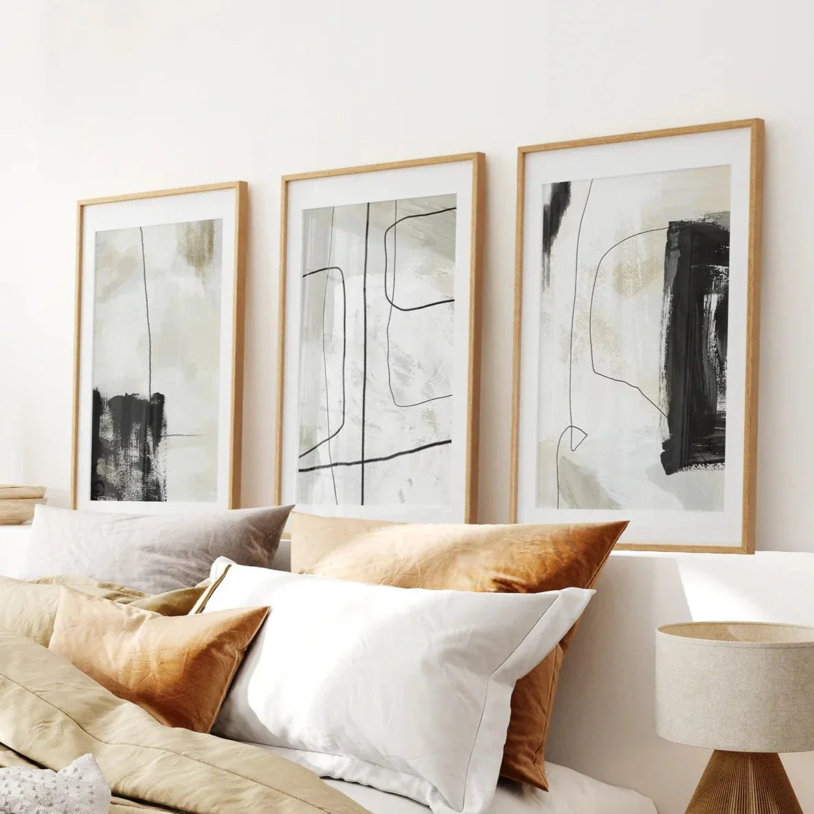 Nordic abstract black and beige brush stroke wall art set of 3