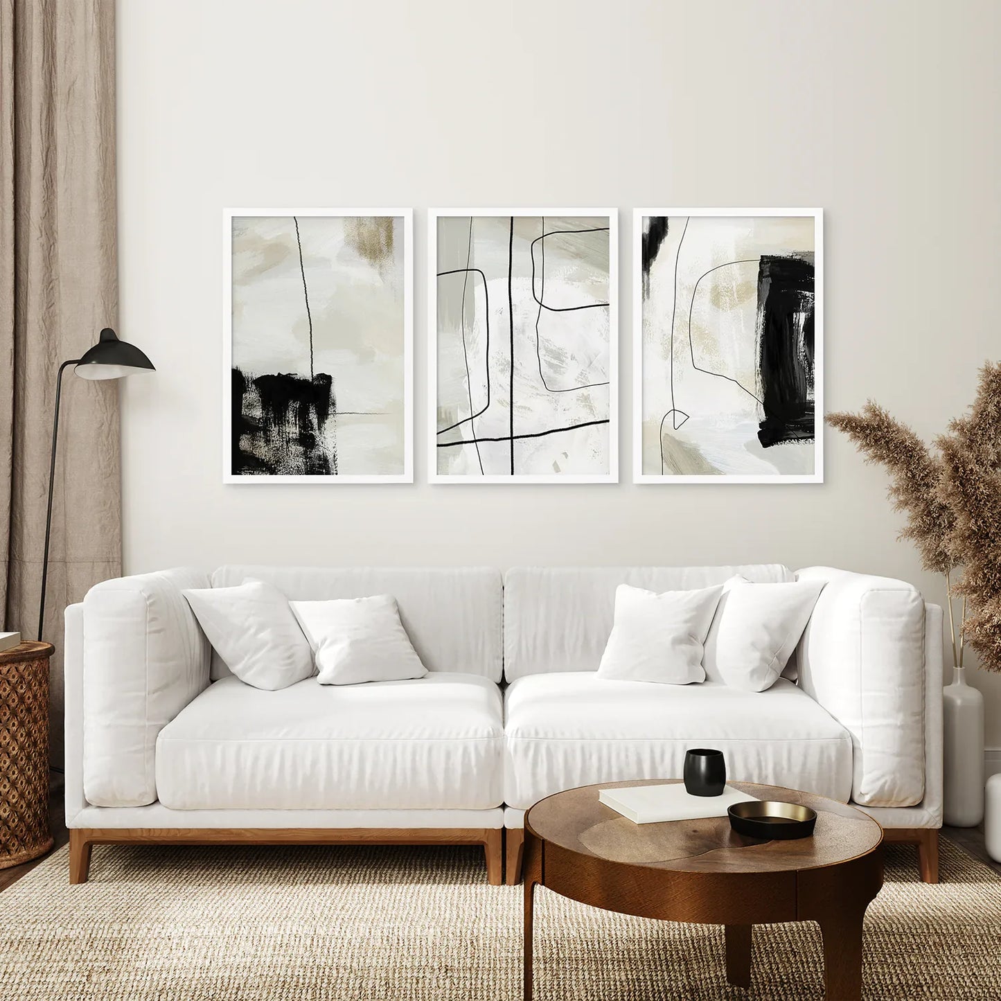 Nordic Abstract Wall Art Set of 3, Black and Beige Brush Strokes