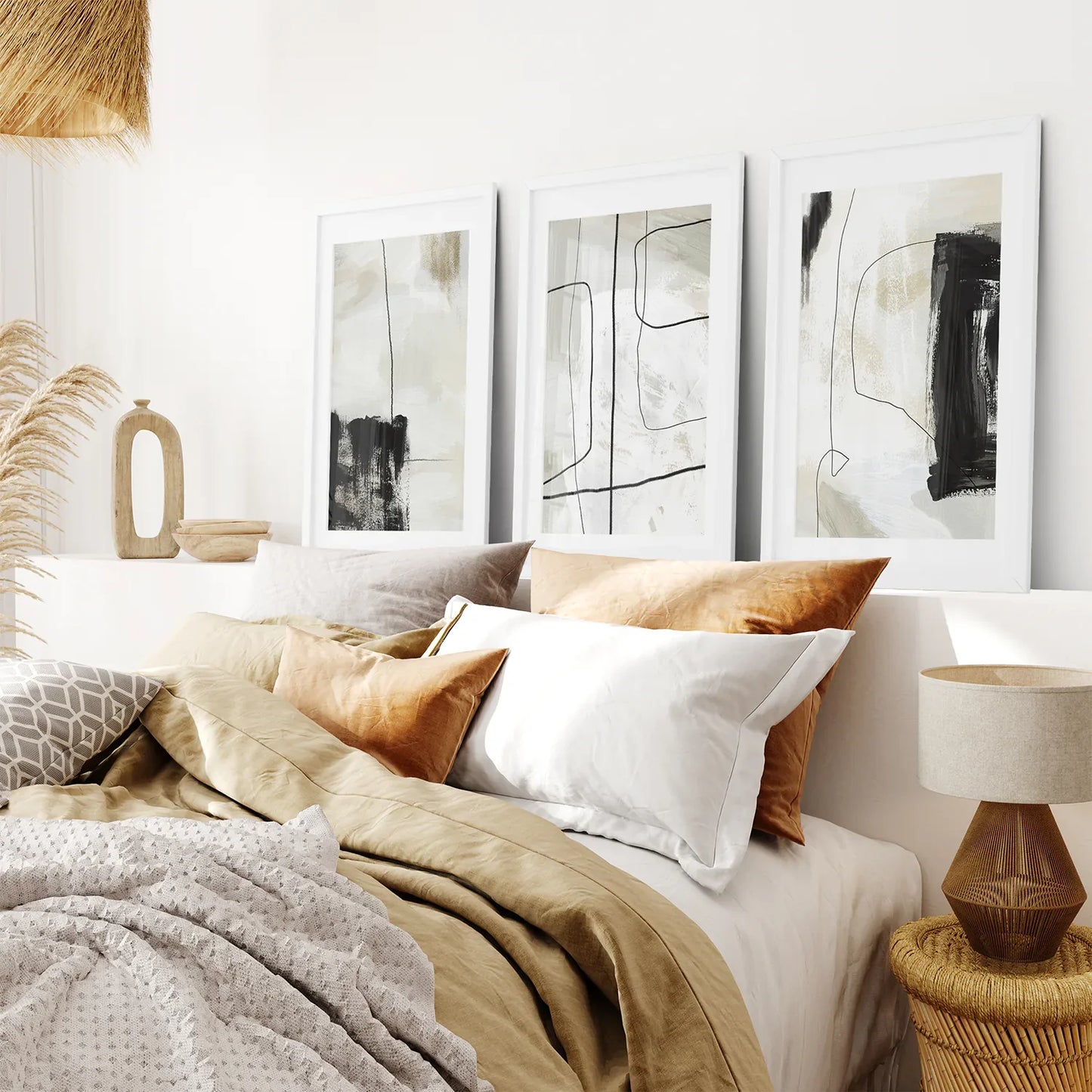 Nordic Abstract Wall Art Set of 3, Black and Beige Brush Strokes