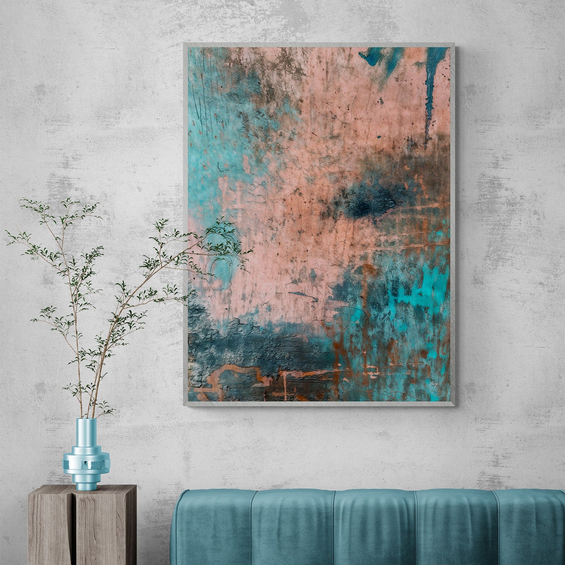 Patina Cascade turquoise and earthy abstract canvas wall art with layered texture