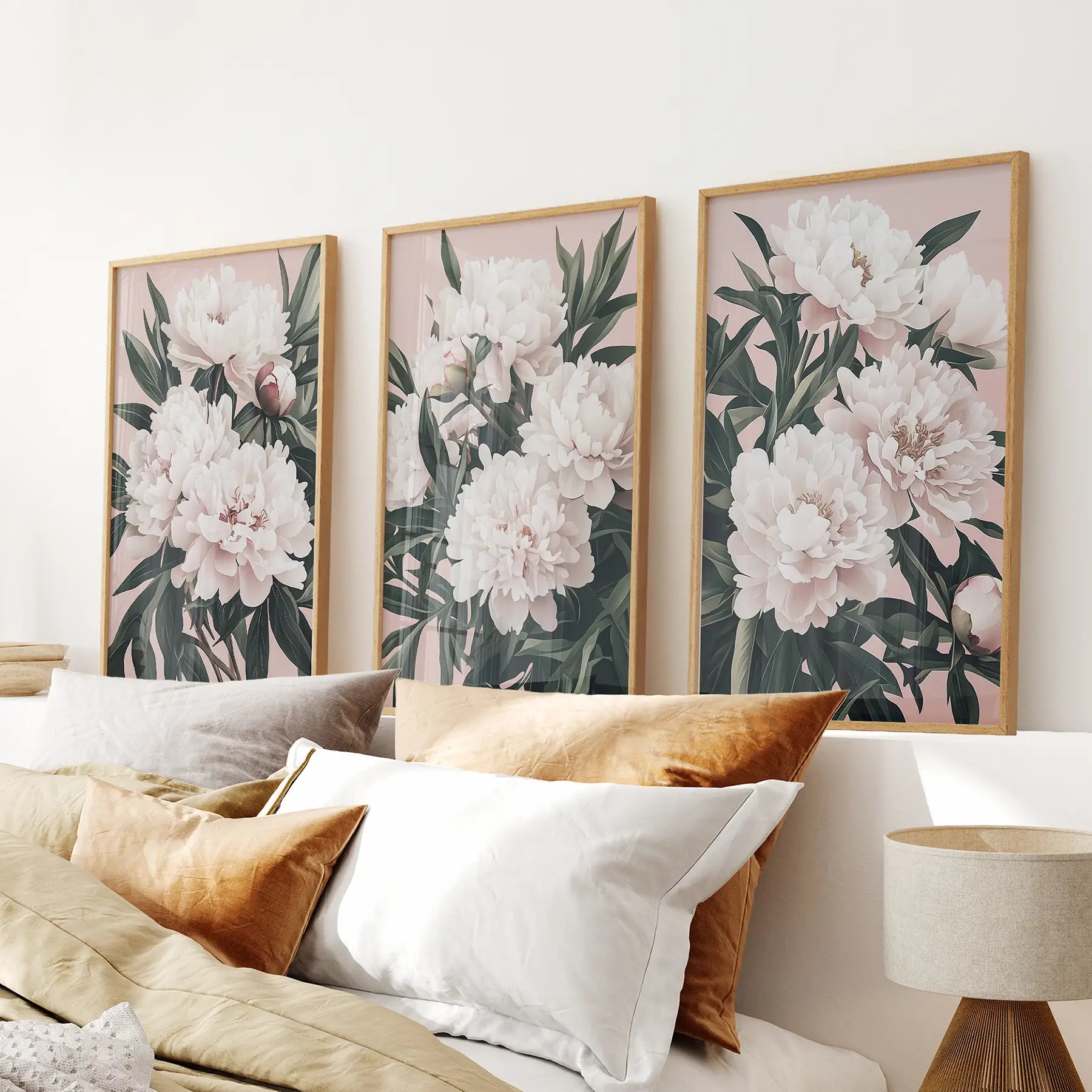Peonies flowers wall art set of 3 pink and green botanical prints