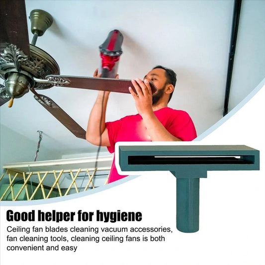 Person cleaning a ceiling fan with a vacuum, inset showing a cleaning tool.