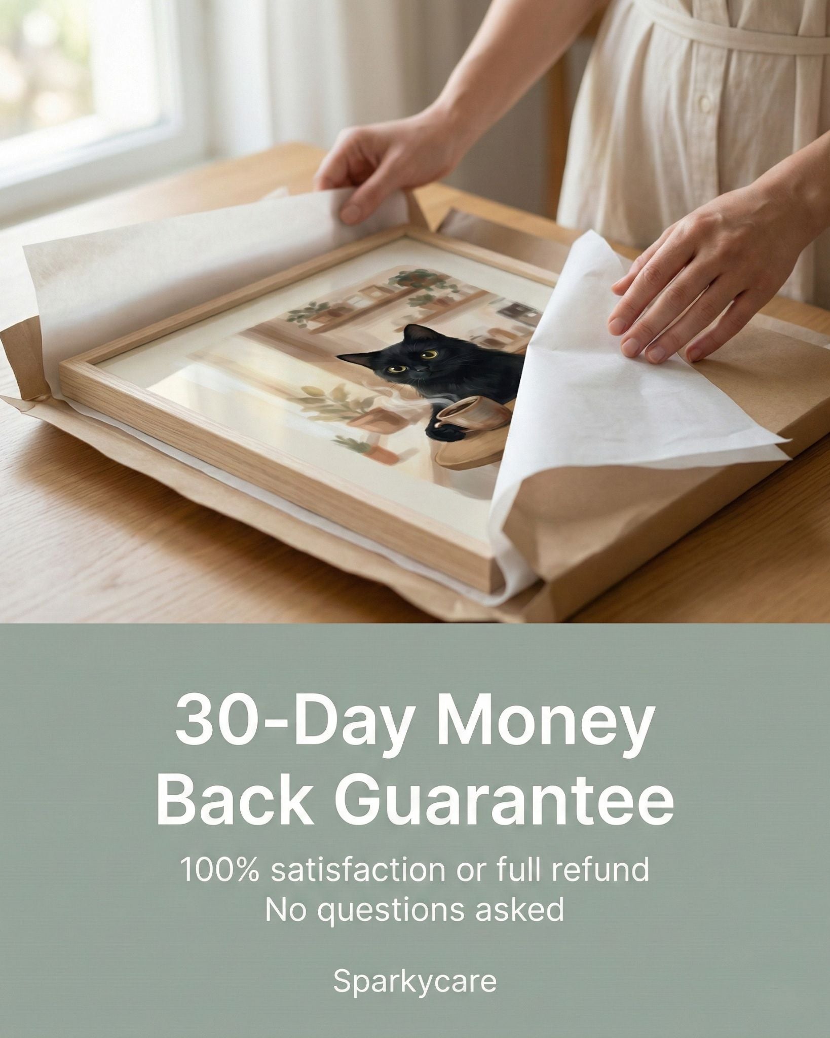 Person handling a framed picture with a 30-Day Money Back Guarantee text overlay.