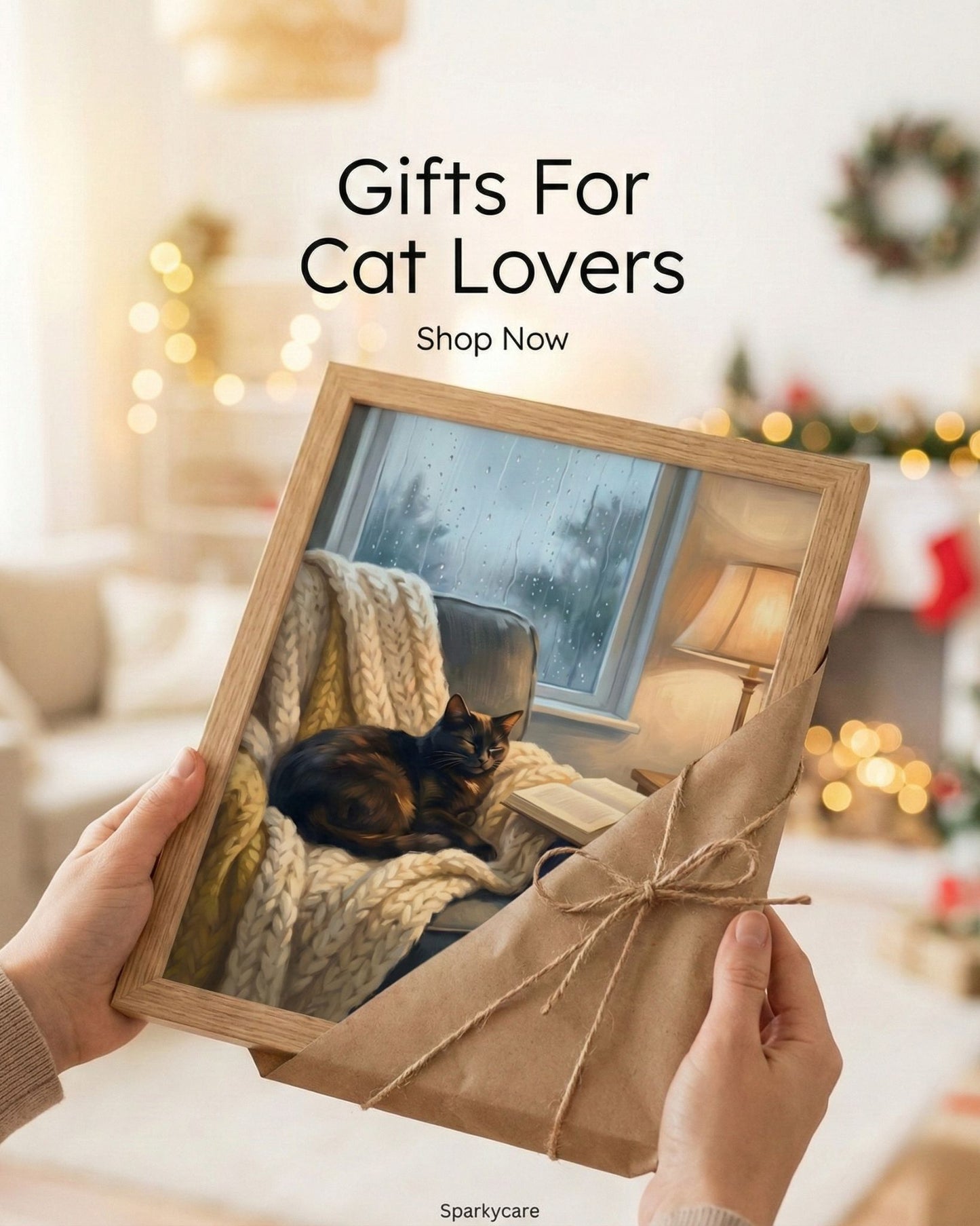 Person holding a framed picture of a cat on a cozy blanket with text 'Gifts For Cat Lovers' and 'Shop Now' in a warm indoor setting.
