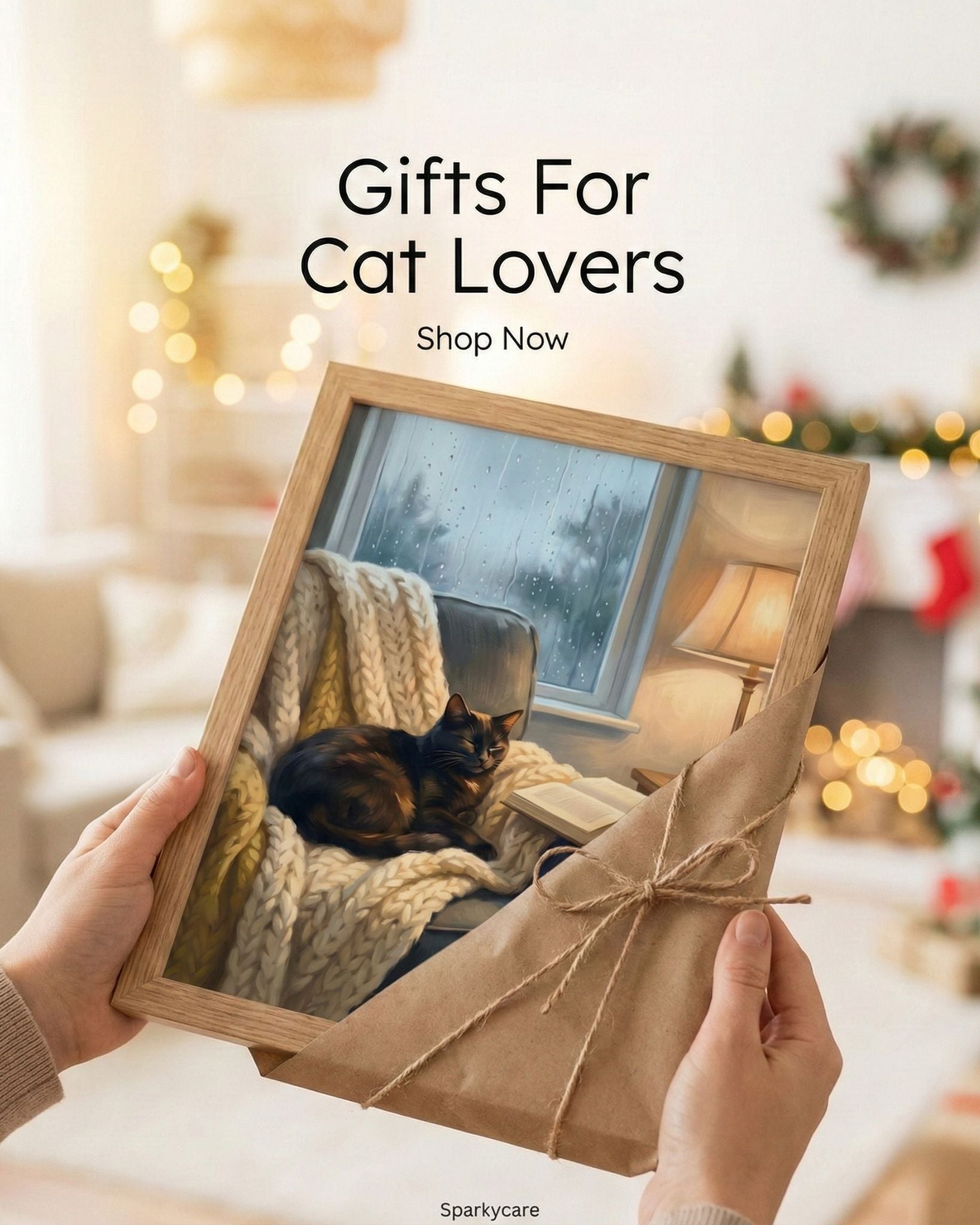Person holding a framed picture of a cat on a cozy blanket with text 'Gifts For Cat Lovers' and 'Shop Now' in a warm indoor setting.
