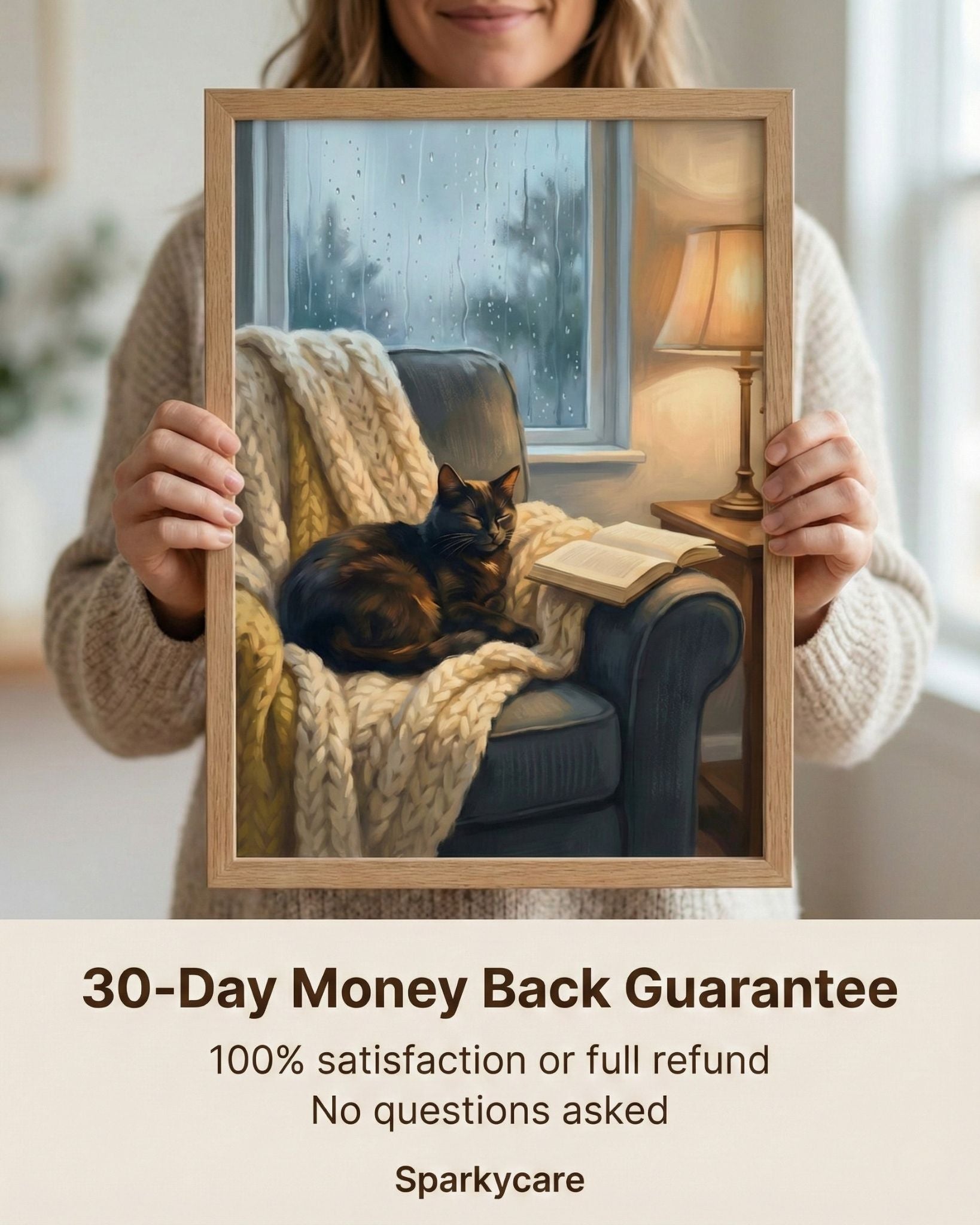 Person holding a framed picture of a cozy scene with a cat on a couch.