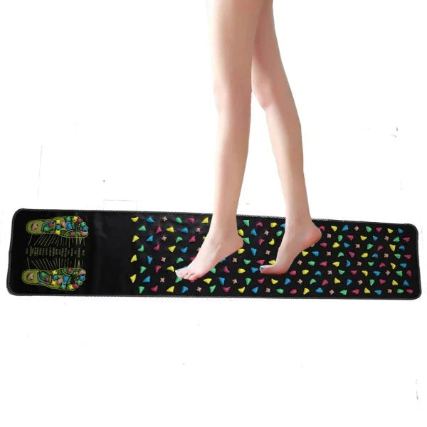Person standing on reflexology walk stone mat demonstrating acupressure massage therapy at home